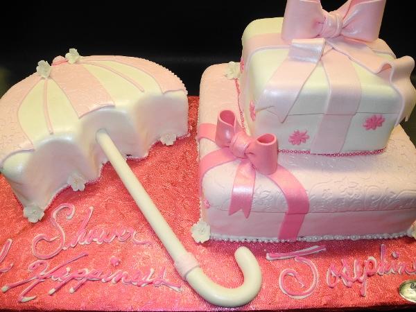Umbrella and Gift Box Fondant Baby Shower Cake with Pink and White Decorations