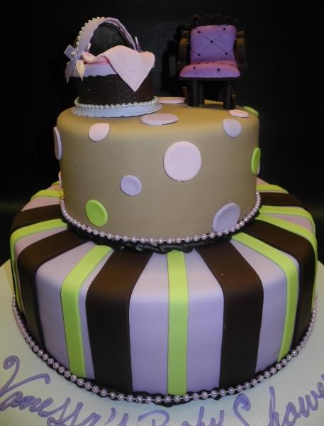 Bassinet and Rocking Chair Lavender Brown Fondant Baby Shower Cake 