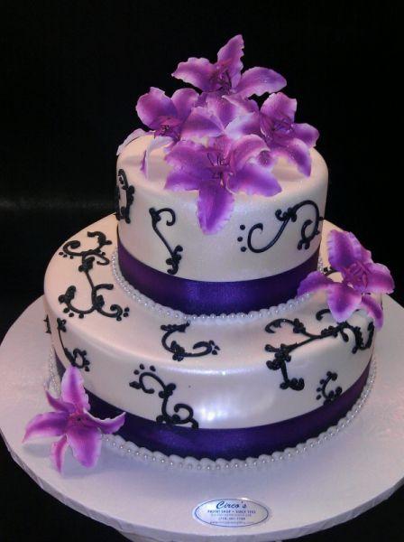 Wedding Cake Purple, White, and Black Fondant Cake - W011
