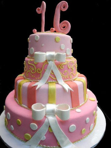 Sweet 16 Fondant Cake with Pink, Yellow, and White Decoration and edible number on top - B0310
