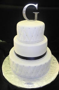 Wedding Fondant Cake with Dimond Imprint Silver Pearls and Black Ribbon - W059