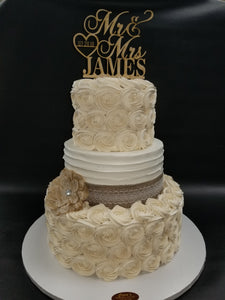 Burlap and Rosette style wedding cake W186