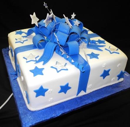 Blue and white Star Fondant Birthday Cake - B0758