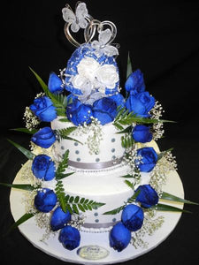 Blue and Silver Cream Wedding Cake - W170