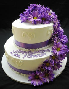 Wedding Tier Cream Cake with Purple Dasie Flowers - W056