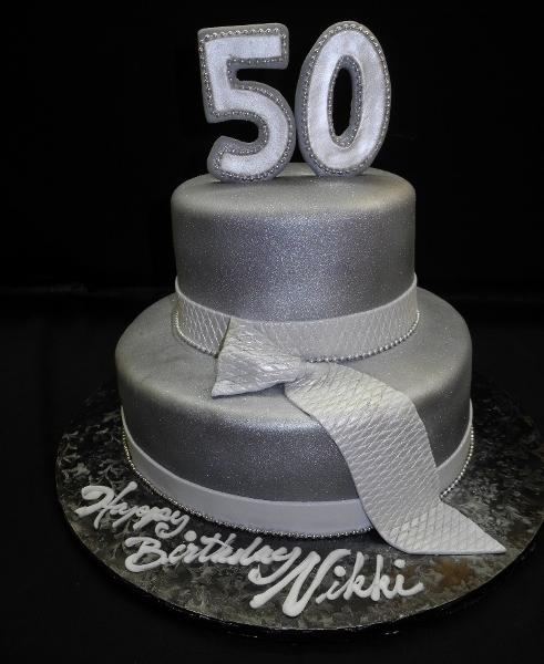 Two Tier Cake 50 - Gray & Black Fondant Stripes - Aggie's Bakery & Cake Shop