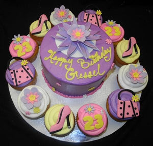 purple cake, sugar flower, small, purse, cupcakes