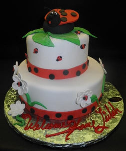 Lady Bug, green, red, polka dots, flowers