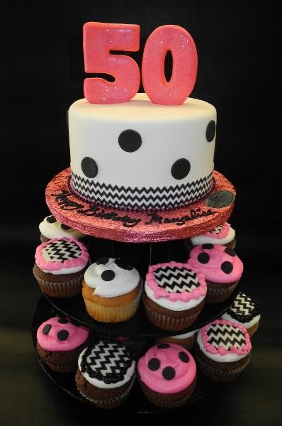 50th Birthday Fondant Cake with Polka Dots and Chevron Print 