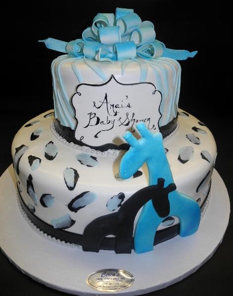 Safari Blue and Black Baby Shower Cake with Edible Giraffe Cut-Outs