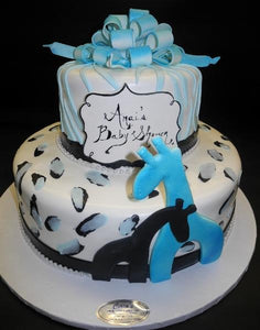 Safari Blue and Black Baby Shower Cake with Edible Giraffe Cut-Outs