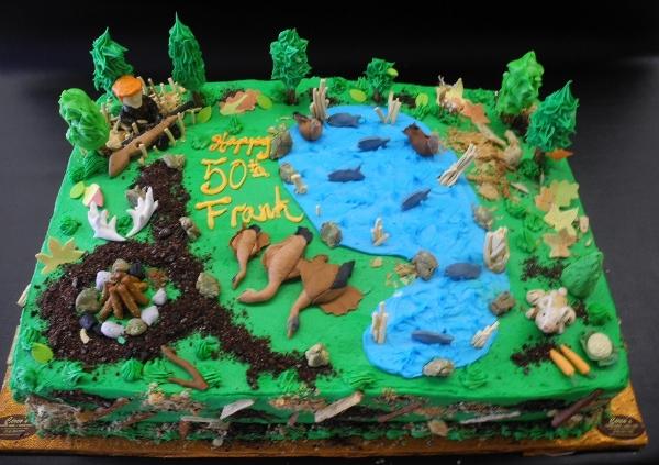 Hunting Birthday Cake with edible Fondant Animals, lake, and
