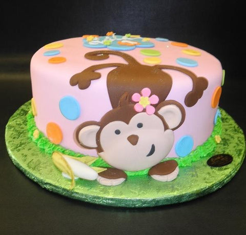 Monkey 1st Bithday Pink Fondant Cake