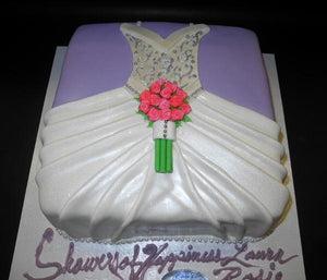 Dress Shape Bridal Shower Fondant Cake with Lavender and white decorations