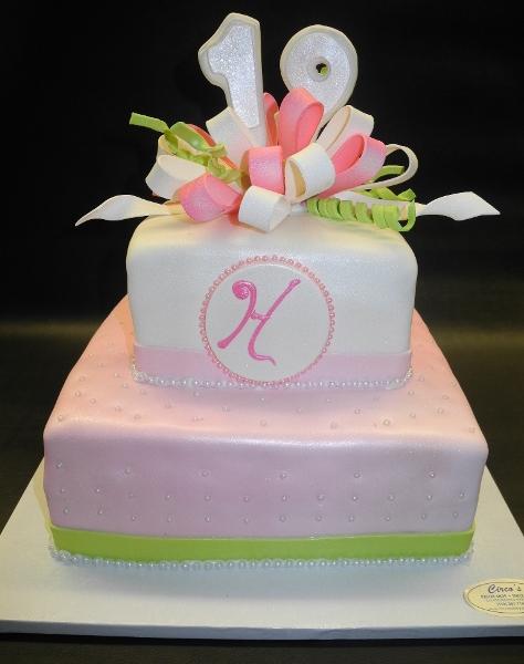 Pink and Mint Green Fondant 18th Birthday Cake 