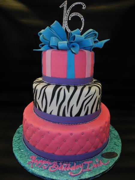 Sweet 16 Fondant Cake with Edible Bow and Zebra Print 