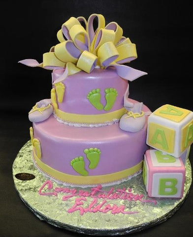 Lavender Baby Shower Cake with Edible Blocks and Loop Bow