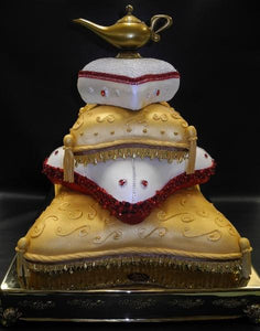 Sweet 16 Gold and Red tier fondant pillow cake