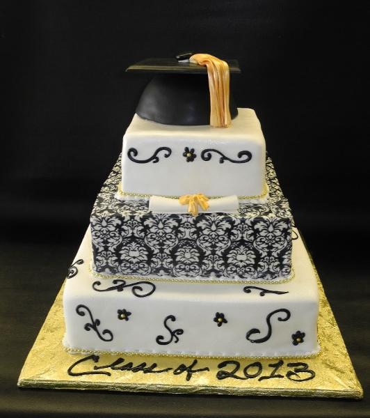 Graduation Black and Gold Cake with Edible Graduation Cap 
