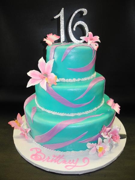 Turquoise and Pink Sweet 16 Fondant Cake with Sugsr Flowers 