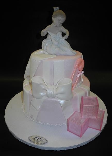 Pink and White Baby Shower Cake with Porcelain Ornament