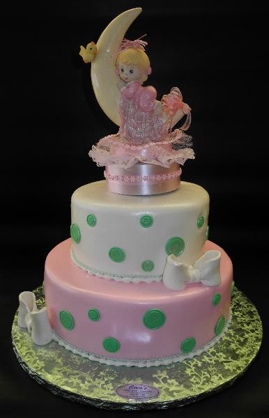 Pink, Green, and White Baby Shower Fondant Cake with Baby Ornament on top