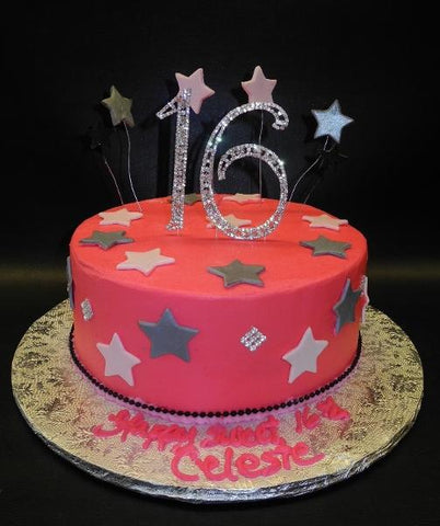 Icing Cake with Fondant Stars and Diamond Sweet 16 Ornament 