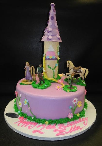Repunzel, Tangled, Fondant Princess Castle Fondant Cake, with toys and fondant Flowers 
