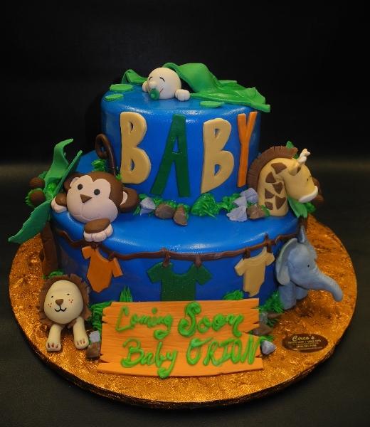 Safari Baby Shower Cake with Baby Sleeping and Edible Fondant Animals 
