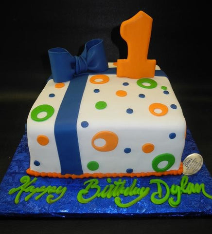 First Birthday Gift Box with Orange, Navy Blue, and Green Dots 