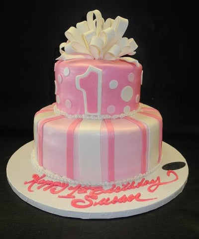 Pink and White Fondant Cake with Loop Bow, Polka Dots and Stripes 