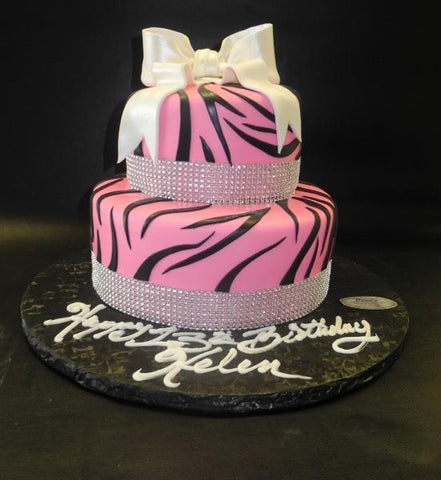 Zebra Pink and Black Fondant Cake with White Bow