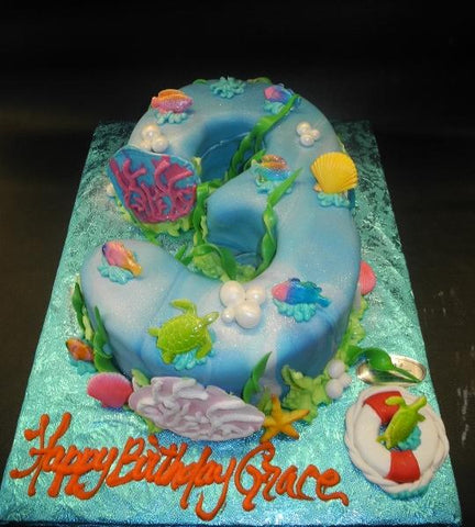Sea Fondant Number  Cake with Edible Fondant Fish and seaweed