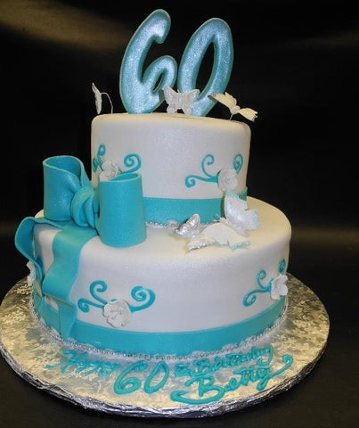 Tiffany Blue and White 60th Birthday Fondant Cake with edible Butterflies 