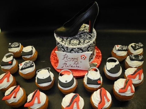 Shoe and Handbag Cupcakes with Custom Cake and Edible Cake Shoe Topper 