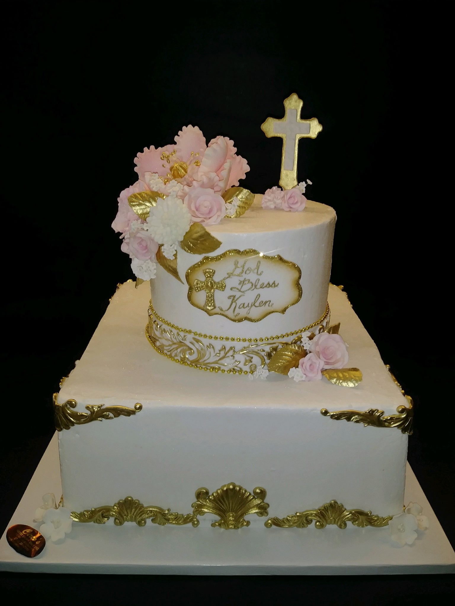 Gold, white, and pink baptismal cake -R061