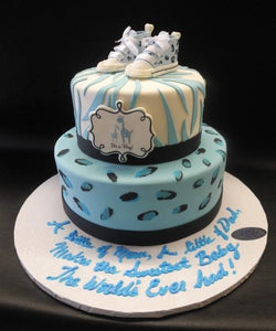 Zebra Safari Blue and White Baby Shower Cake with Edible Booties 