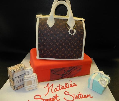 Loui Vuitton Handbag Cake with Christian Vuitton Shoe Box, Tiffany Box and Burberry Perfume