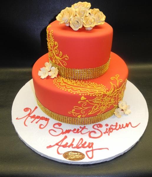 Red and Gold Fondant Sweet 16 Cake with Henna Scroll Work