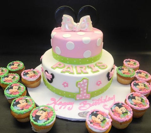 Minnie Mouse Fondant Cake with Edible Image Cupcakes 