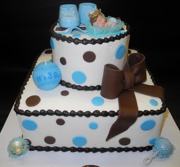 Icing Brown and Blue Baby Showet Cake with Fondant Bow and Plastic Decoration 