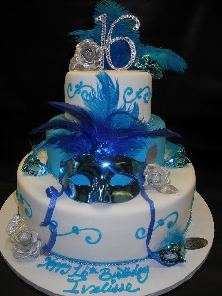 Sweet 16 Masquerade Fondant White Cake with Turquoise Scroll Work 