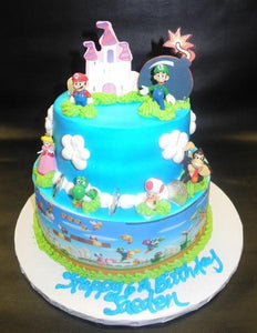 Mario Whip Cream Tier Cake with Edible Image and Mario Toys 