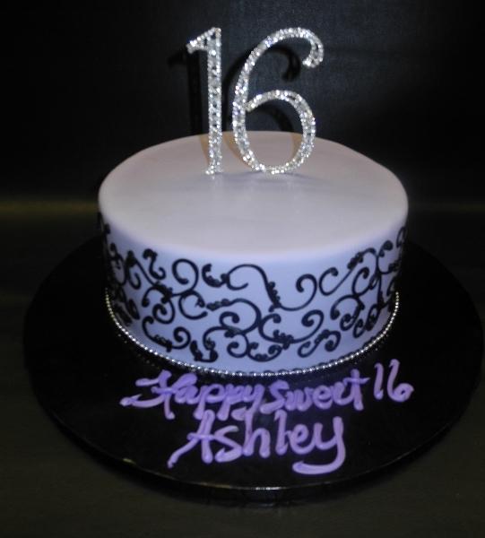 Sweet 16 Fondant Cake with black scroll work and diamond cake topper