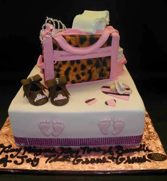 Cheetah Diaper Bag Cake with Edible Booties, Pacifier, and Hot Pink Diamonds Around 
