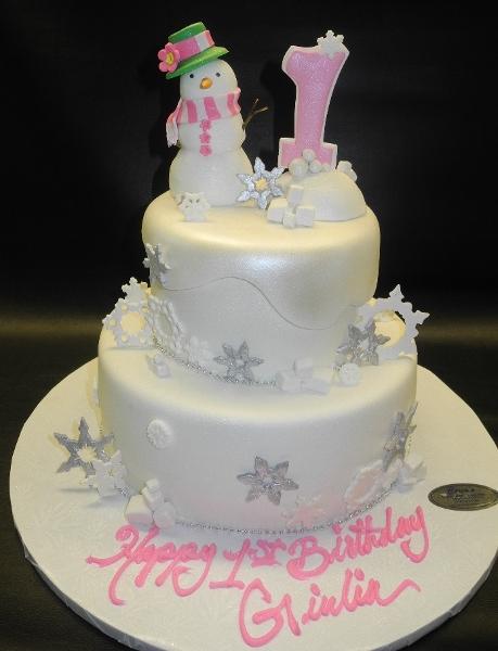 SnowFlakes Winter Wonderland Fondant Cake with Edible Snowman Cake Topper