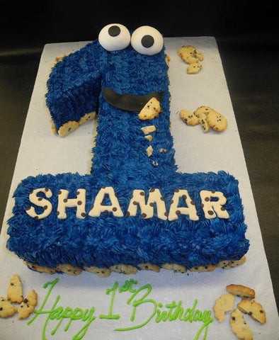 Cookie Monster Number 1 Cake with Buttercream Frosting and Fondant Eyes and Mouth