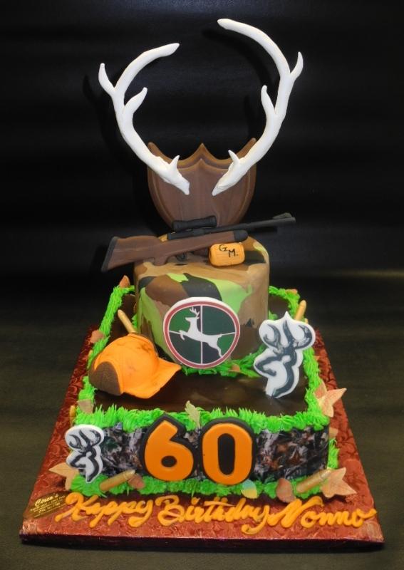 Hunting 60TH Birthday Cake with edible antlers and riffle