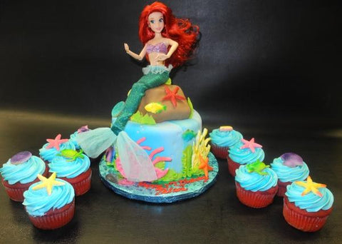 Little Mermaid Fondant Cake with Matching Cupcakes 