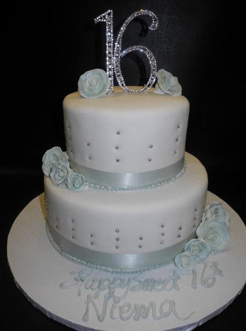 Sweet 16 White and Teal Fondant Cake with Diamond Cake topper